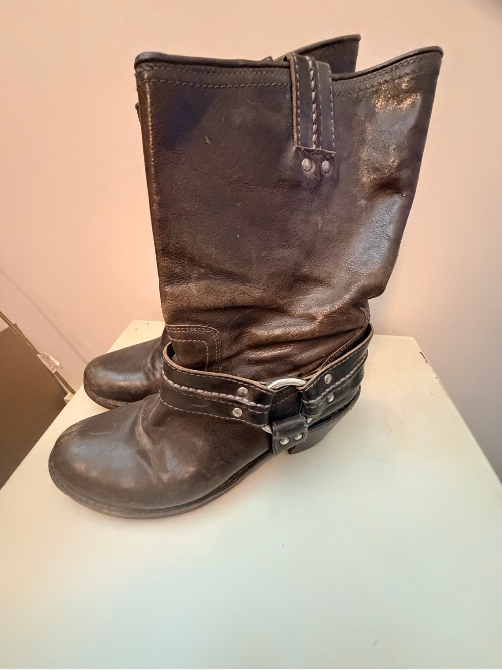 Frye Brown Leather Harness Lace-Up Mid-Calf Boots